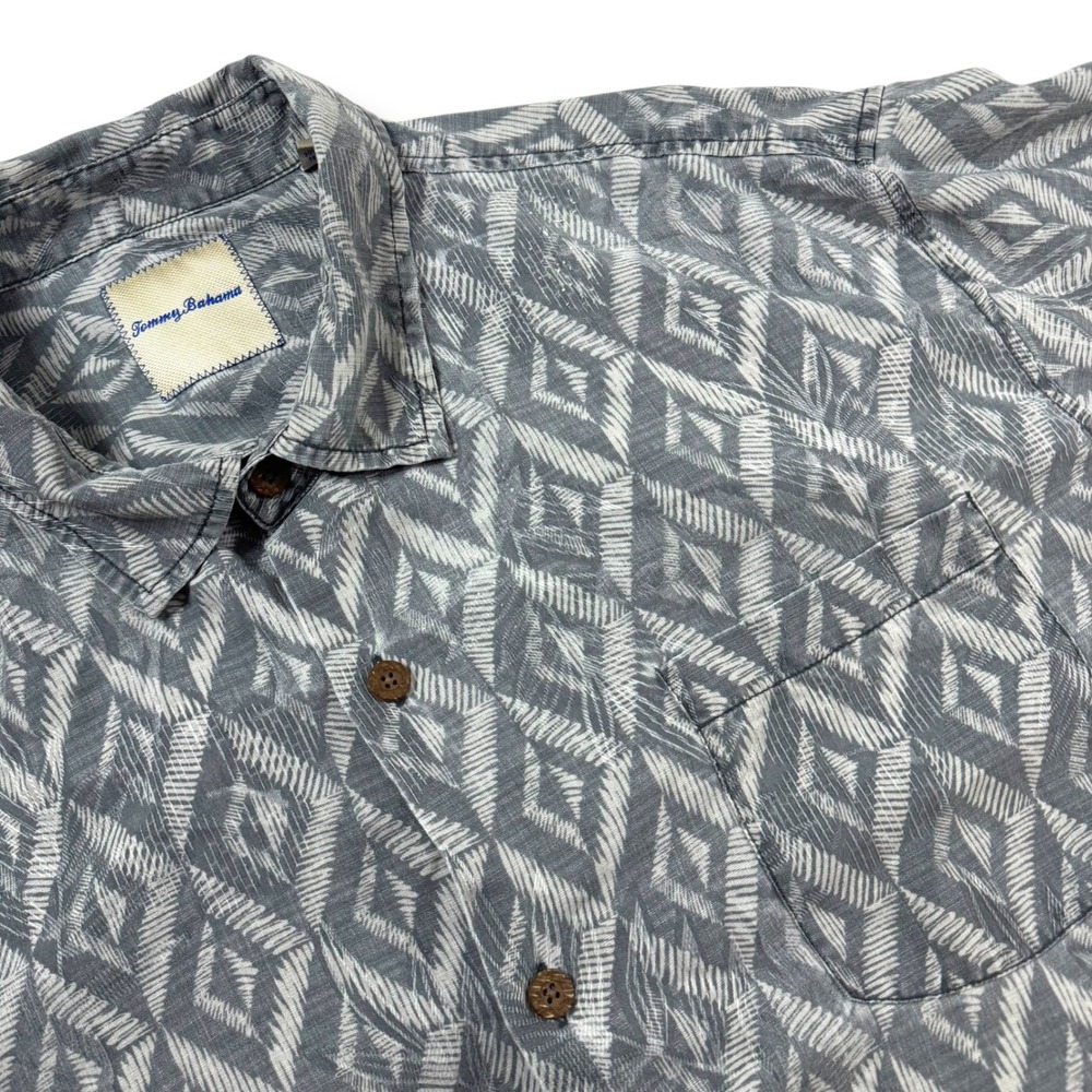 Tommy Bahama Mens Grey Geometric Diamond Ikat Silk Blend Short Sleeve Shirt XXL